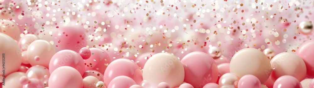 Bright and festive banner with balloons and soft pink confetti. Bright and festive banner with balloons and soft pink confetti.