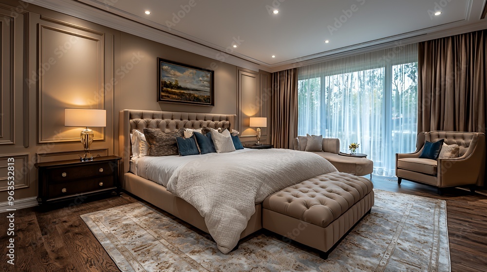 A luxurious bedroom with a king-size bed, a tufted ottoman, and a large window with brown curtains and sheer drapes. A luxurious bedroom with a king-size bed, a tufted ottoman, and a large window with brown curtains and sheer drapes.