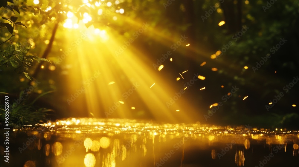 Obraz premium Sunlight beams through a lush forest canopy, casting a golden glow on a tranquil stream. The scene evokes feelings of hope, peace, and renewal, symbolizing nature's beauty, spiritual awakening, and t