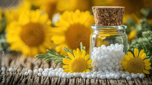 Homeopathic Remedies Displayed in a Rustic Setting With Yellow Flowers and White Pellets