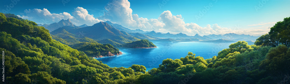This captivating image captures a serene mountain lake nestled amidst lush green foliage, with a breathtaking blue sky overhead. The image symbolizes tranquility, nature's beauty, escape from the city This captivating image captures a serene mountain lake nestled amidst lush green foliage, with a breathtaking blue sky overhead. The image symbolizes tranquility, nature's beauty, escape from the city