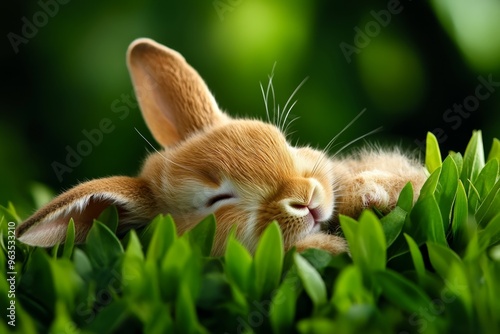 Rabbit curled up in a bed of soft grass, peaceful and content as it takes a midday nap under the shade of a tree photo