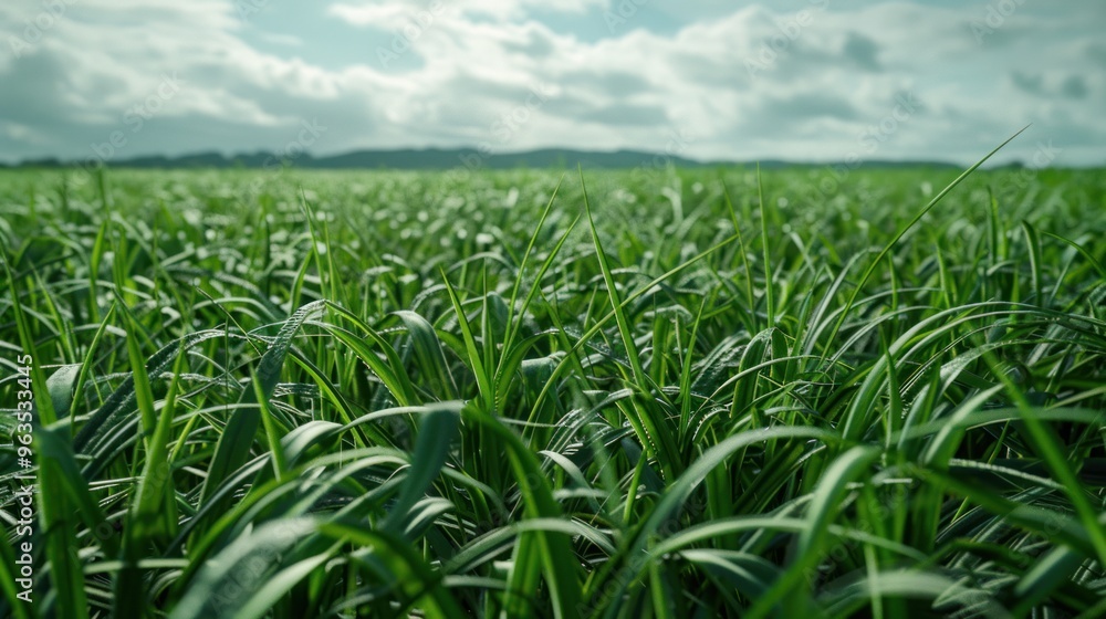 Fototapeta premium A vast green meadow under a sky with white clouds, capturing the bright, lush beauty of nature in a serene, idyllic summer setting.