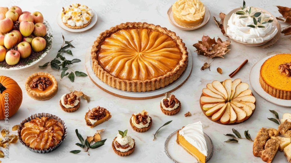 Fototapeta premium Assortment of Autumnal Pies and Tarts with Apples and Leaves