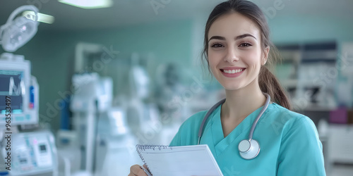 Young smiling nurse writes history in planner on blurred background of polyclinic with copy space, banner template photo