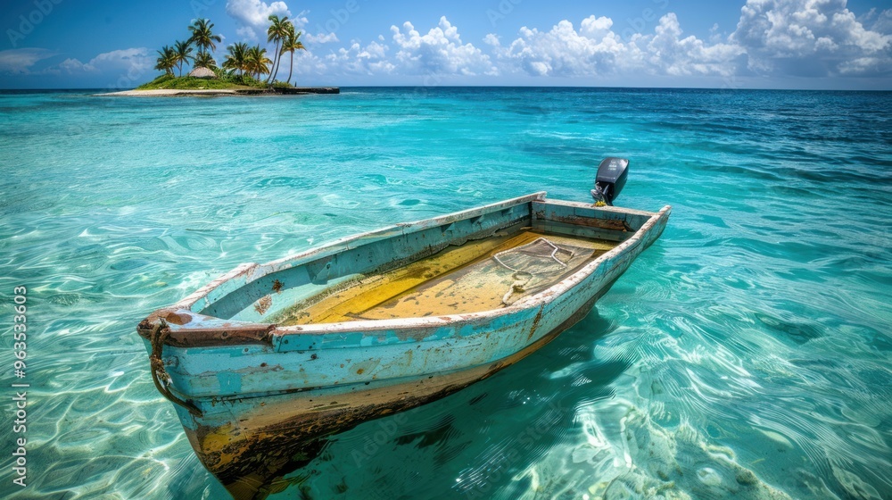 Fototapeta premium A small old boat floats across the ocean with a tropical island in the background.