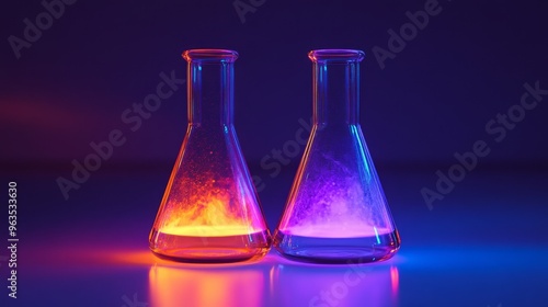 Two glass beakers filled with glowing liquid, one orange and one purple, set against a dark background. This image symbolizes scientific discovery, innovation, and the mysteries of chemistry.