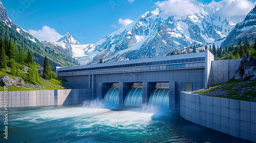 A small hydroelectricity project dam on a river, symbolizing renewable energy and sustainable development mountains in the background  photo