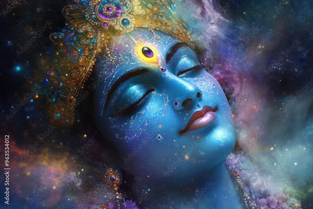 Lord Krishna depicted as Vishwaroop( cosmic form) showing the universe within him, with a radiant aura Lord Krishna depicted as Vishwaroop( cosmic form) showing the universe within him, with a radiant aura
