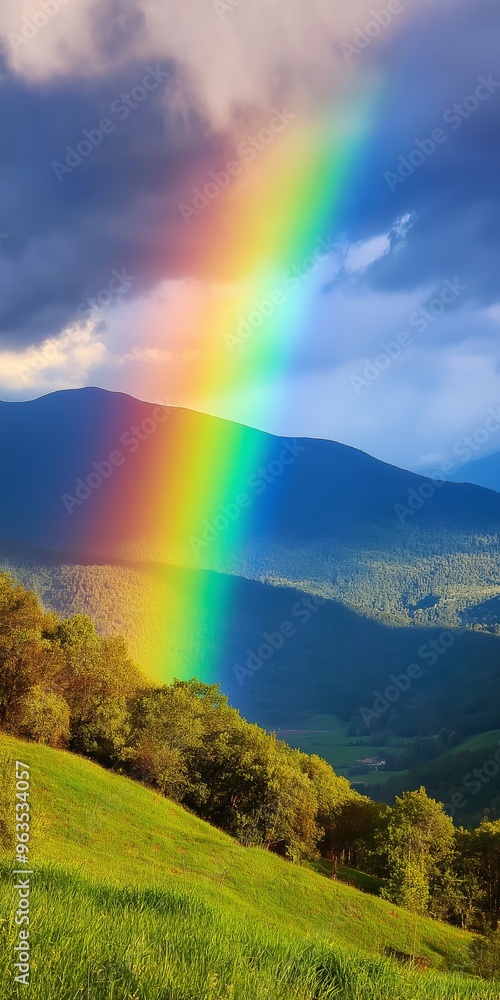 A rainbow is seen in the sky above a mountain range. The sky is cloudy and the mountains are covered in trees. The scene is peaceful and serene A rainbow is seen in the sky above a mountain range. The sky is cloudy and the mountains are covered in trees. The scene is peaceful and serene