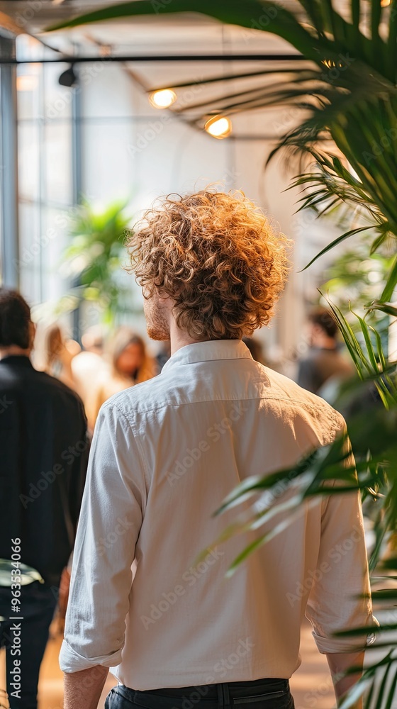 Man With Curly Blonde Hair Walking Through a Modern Office Surrounded by Greenery and Colleagues Man With Curly Blonde Hair Walking Through a Modern Office Surrounded by Greenery and Colleagues
