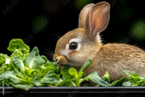 Rabbit standing at the edge of a garden, tempted by fresh vegetables as it considers sneaking a quick snack from the rows of plants photo