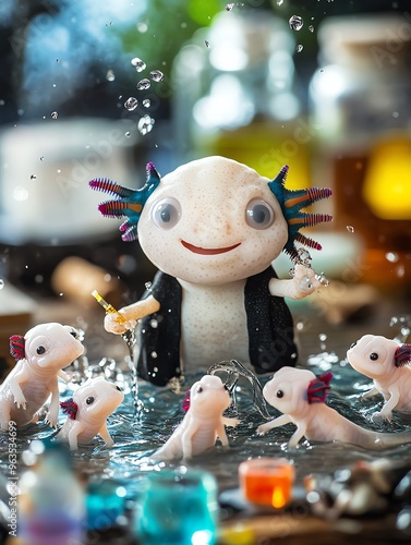 A whimsical scene featuring a joyful creature surrounded by playful axolotls, splashing in water with colorful elements. photo