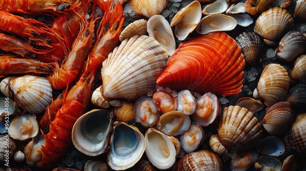 A Colorful Arrangement of Fresh Seafood, Including Shrimps and Various Shellfish A Colorful Arrangement of Fresh Seafood, Including Shrimps and Various Shellfish