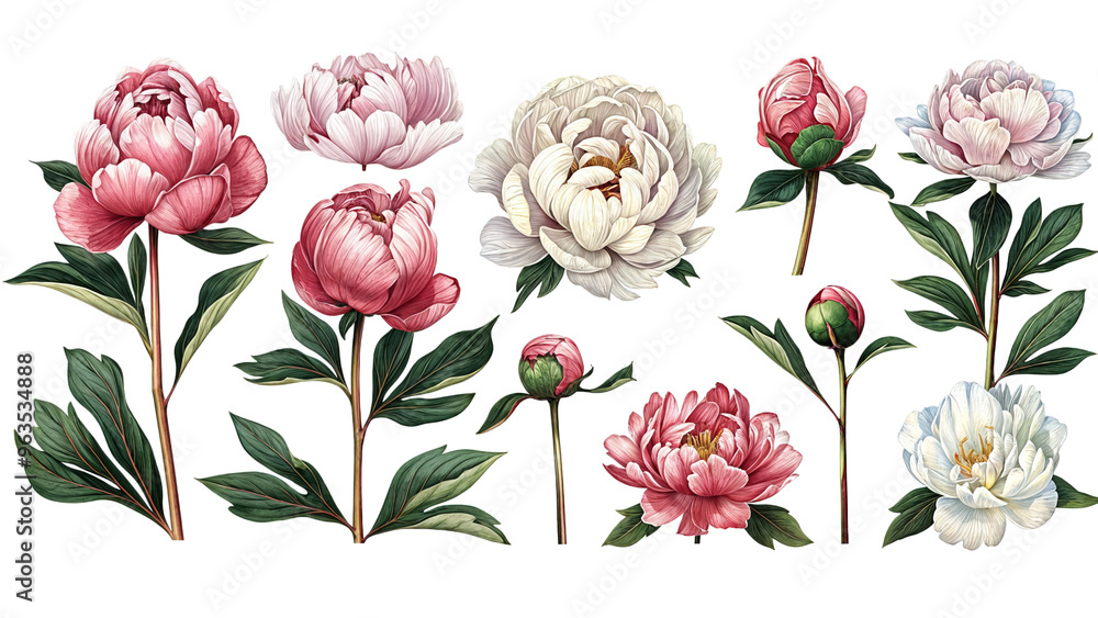 Set of Beautiful peonies in various colors and stages of bloom in springtime. Isolated on Transparent Background Set of Beautiful peonies in various colors and stages of bloom in springtime. Isolated on Transparent Background