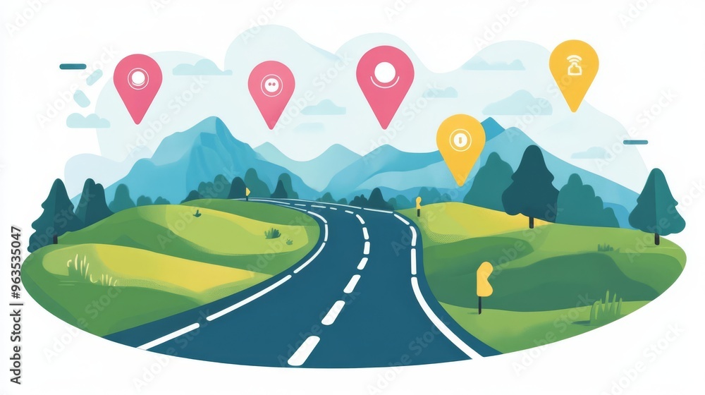 Obraz premium Scenic illustration of winding road through green hills with map pointers and mountains in the background. Travel and navigation concept.