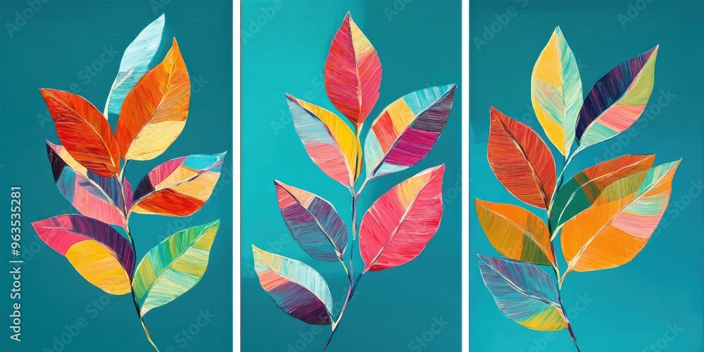 Obraz premium Vibrant Colorful Leaves on Teal Triptych. AI generated illustration.