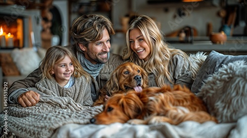 A family sitting together with their golden retriever and smiling in a cozy home
 photo