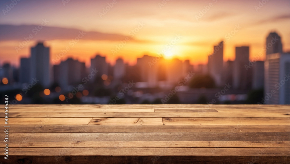 The empty wooden table top with blur background of sunset on the urban. For product display The empty wooden table top with blur background of sunset on the urban. For product display