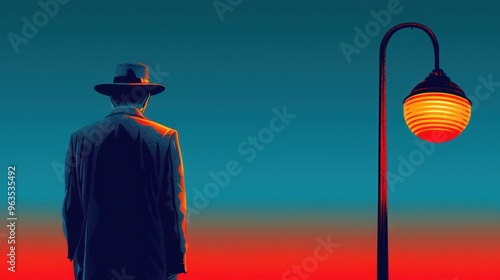 Vintage hat and tailored suit on a man under a bright street lamp.