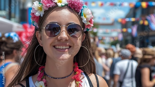 Young Woman Wearing Flower Crown and Sunglasses Smiles at a Summer Festival