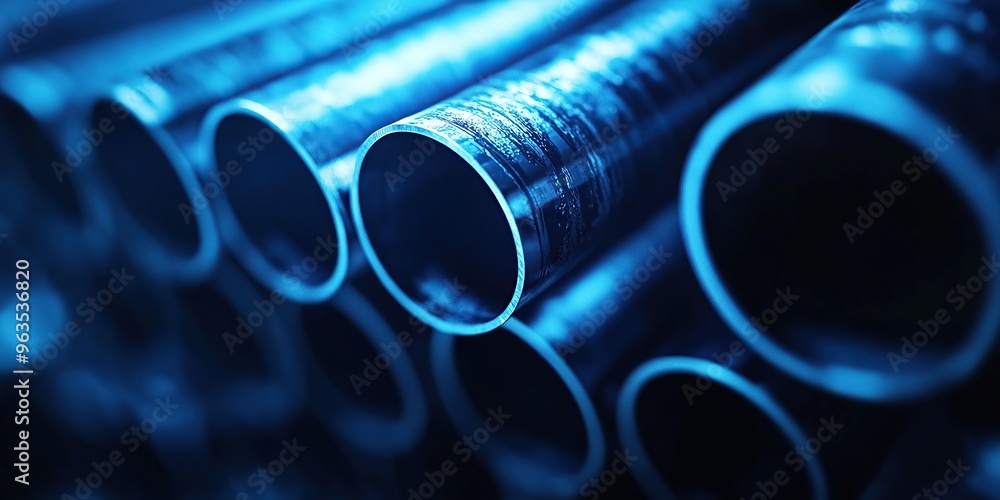 Close-up of steel pipes stacked against a dark blue background with a bokeh effect Close-up of steel pipes stacked against a dark blue background with a bokeh effect