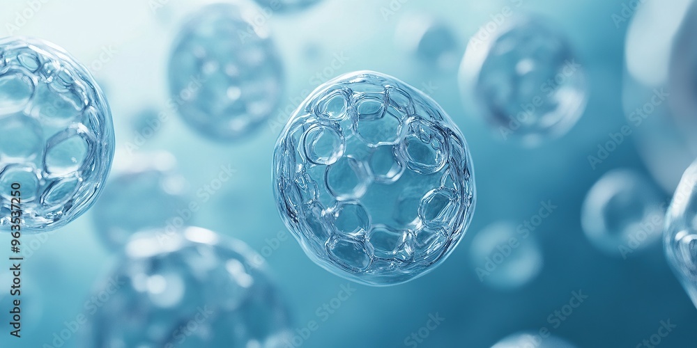 Close-up of an artificial cell or futuristic human cell, viewed from above, with a blue color background Close-up of an artificial cell or futuristic human cell, viewed from above, with a blue color background
