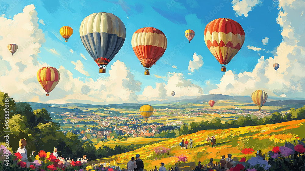 Fototapeta premium Breathtaking Hot Air Balloon Festival: Colorful Balloons Over Scenic Landscapes 