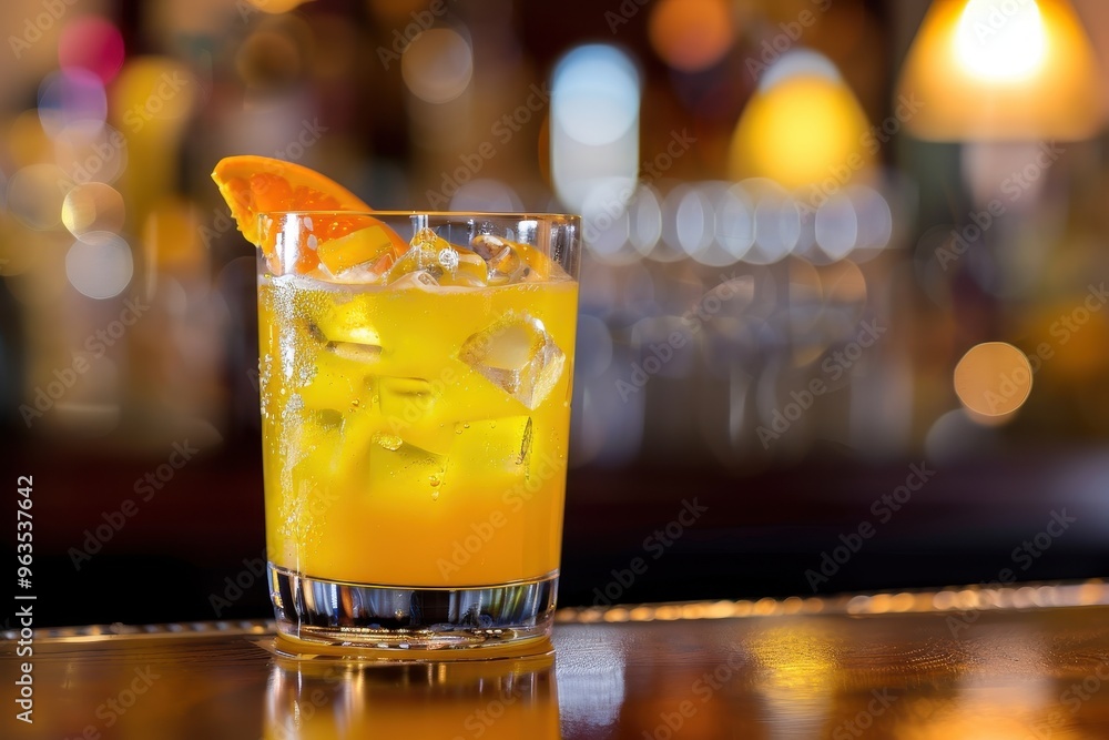 Yellow cocktail on bar counter Yellow cocktail on bar counter
