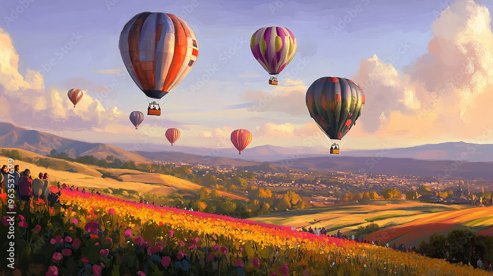 Fototapeta premium Breathtaking Hot Air Balloon Festival: Colorful Balloons Over Scenic Landscapes 
