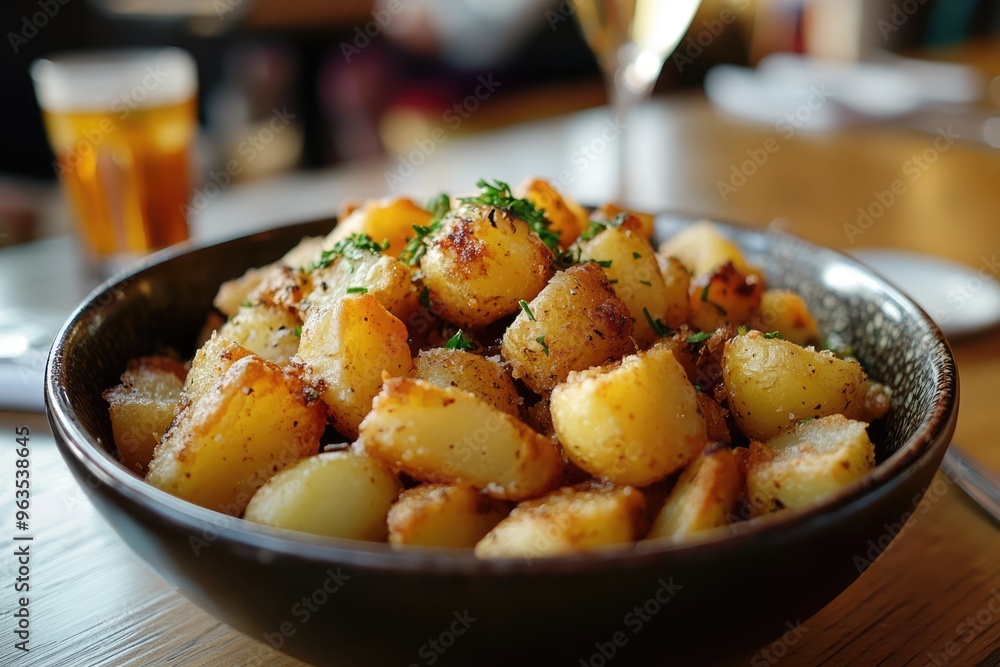 Fried seasoned potatoes in a bowl on wooden table in restaurant. Traditional country style cuisine Fried seasoned potatoes in a bowl on wooden table in restaurant. Traditional country style cuisine