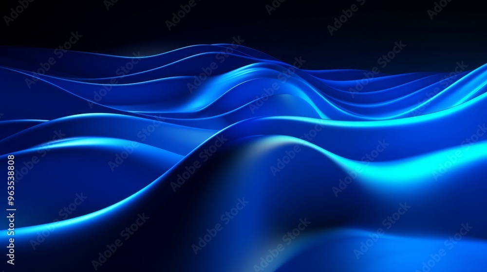 Obraz premium 3d render, abstract minimal neon background with glowing wavy line. Dark wall illuminated with led lamps. Blue futuristic wallpaper