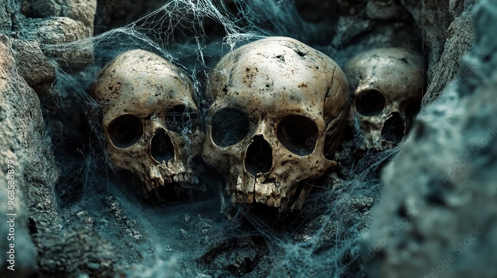 A decaying crypt with skulls and cobwebs, designed for a Halloween backdrop close up, macabre setting realistic, surreal Composite Crypt backdrop A decaying crypt with skulls and cobwebs, designed for a Halloween backdrop close up, macabre setting realistic, surreal Composite Crypt backdrop