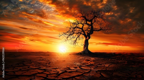 A Solitary Tree Silhouetted Against a Dramatic Sunset Over Dry, Cracked Earth