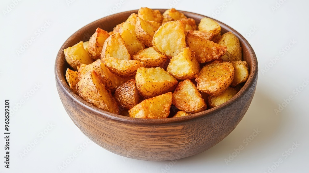 Fried seasoned potatoes in a bowl on white background. Traditional country style cuisine Fried seasoned potatoes in a bowl on white background. Traditional country style cuisine