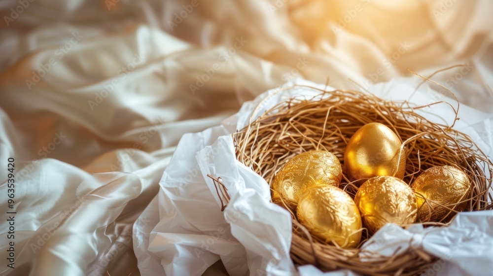 A basket of gold colored eggs sits on a white background A basket of gold colored eggs sits on a white background
