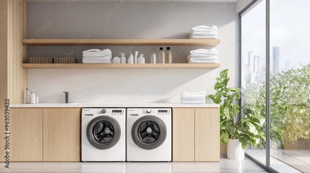 Modern Laundry Room with City View Modern Laundry Room with City View