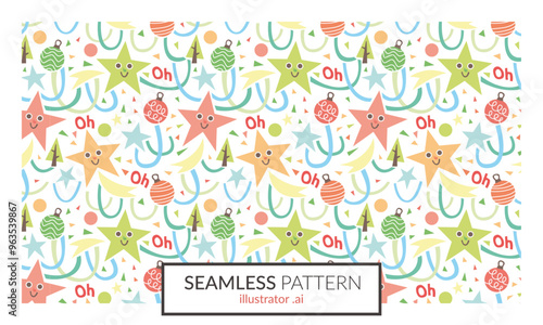 Motif répétitif vectoriel de Noël, étoiles filantes multicolores avec visages souriants, boules décoratives de Noël, ruban de papier cadeau et petites sapins verts, style joyeux et festif papeterie