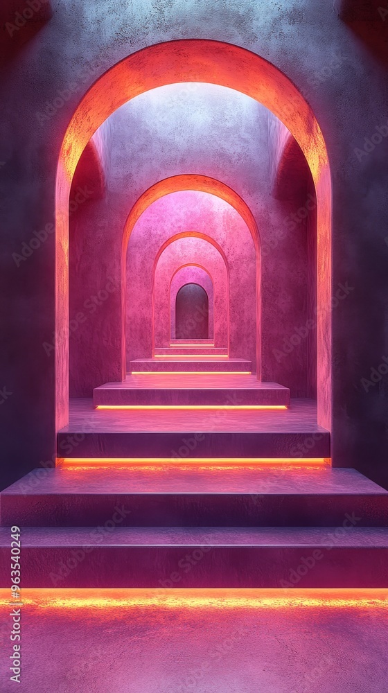 A long, narrow hallway with pink walls and orange lighting A long, narrow hallway with pink walls and orange lighting