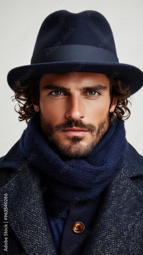 A man wearing a blue hat and scarf poses for the camera A man wearing a blue hat and scarf poses for the camera