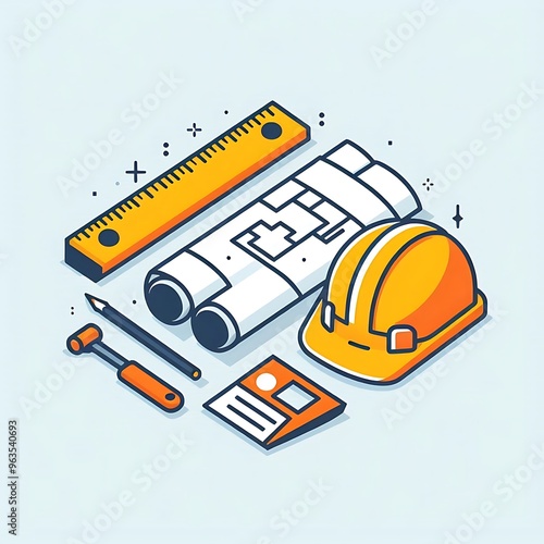 Civil Engineering	A flat illustration vector image of a building blueprint, construction helmet, and a ruler, placed on a solid white background.