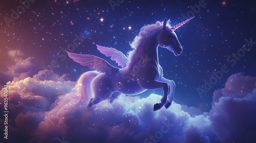 A magical unicorn with wings flies through a starry night sky above fluffy clouds.