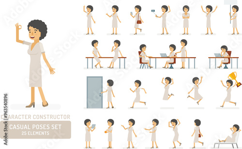 Vector young adult woman in dress ready-to-use character casual poses set in flat style. Full length, gestures, emotions, front, side, back view.