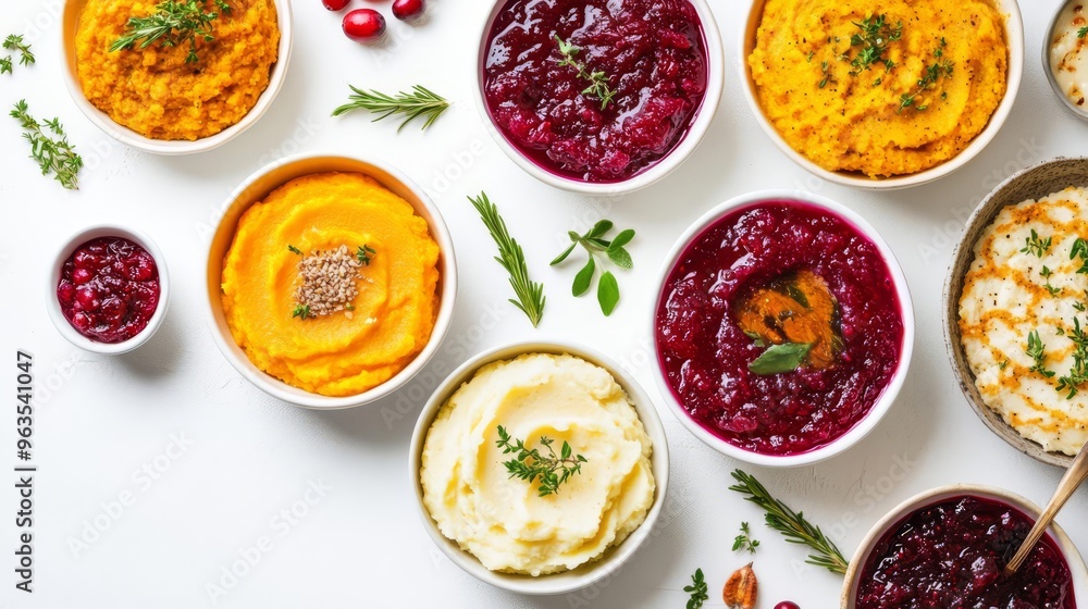 Assorted thanksgiving side dishes including mashed potatoes, cranberry sauce, and various purees arranged in white bowls on a white background. Assorted thanksgiving side dishes including mashed potatoes, cranberry sauce, and various purees arranged in white bowls on a white background.