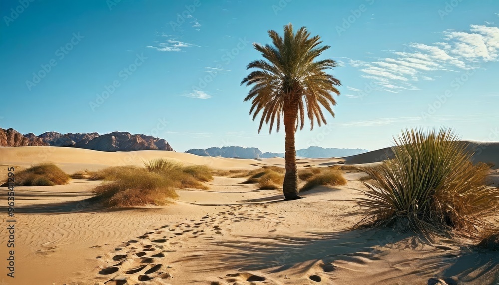 A solitary palm tree stands tall in a vast desert landscape under a clear sky. The golden sand dunes stretch into the distance, with footprints leading to the tree, creating a sense of isolation and A solitary palm tree stands tall in a vast desert landscape under a clear sky. The golden sand dunes stretch into the distance, with footprints leading to the tree, creating a sense of isolation and