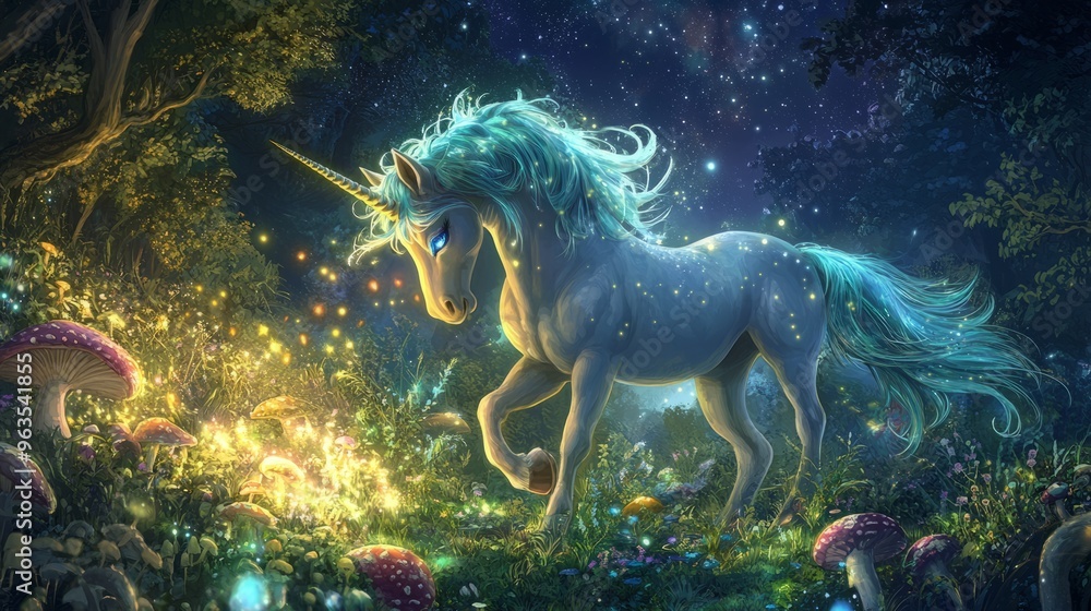 A majestic blue unicorn with shimmering mane and tail walks through a magical forest, lit by fireflies and a starry sky.