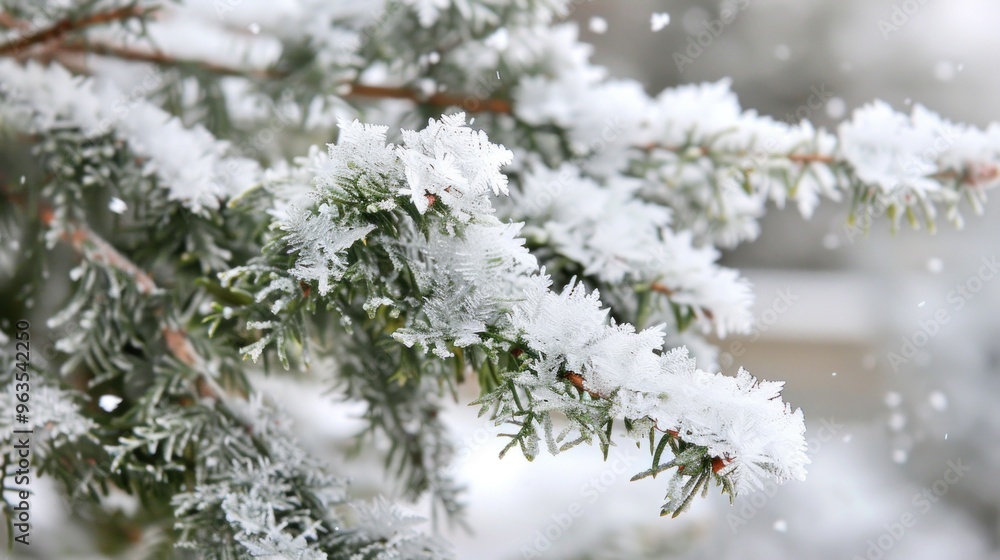 A snow covered tree branch with snowflakes falling on it A snow covered tree branch with snowflakes falling on it