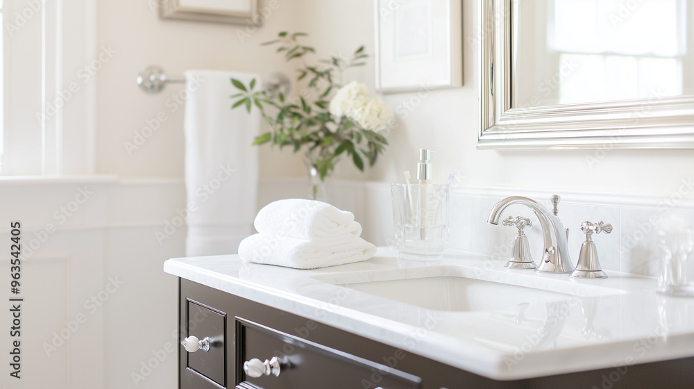 Timeless Luxury: Elegant but Lively Bathroom with Classic Sink, Modern Antique Features, and a Chic Mirror in an Old Money Home. photo Timeless Luxury: Elegant but Lively Bathroom with Classic Sink, Modern Antique Features, and a Chic Mirror in an Old Money Home. photo