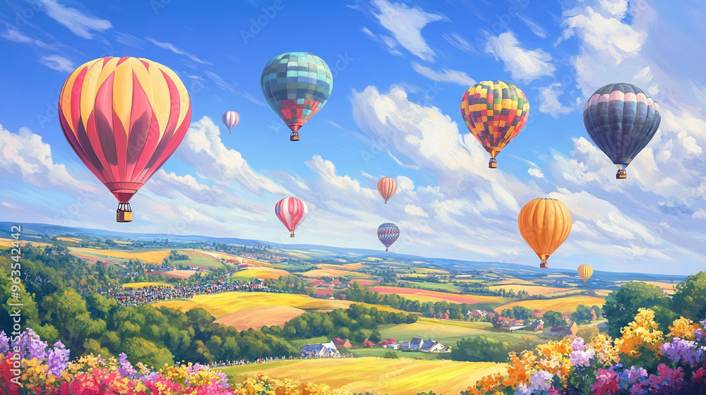 Obraz premium Spectacular Hot Air Balloon Festival: Colorful Balloons Soaring Over Scenic Landscape 