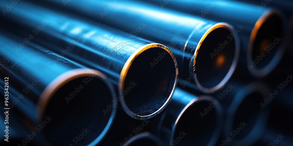 Close-up of steel pipes stacked against a dark blue background with a bokeh effect Close-up of steel pipes stacked against a dark blue background with a bokeh effect